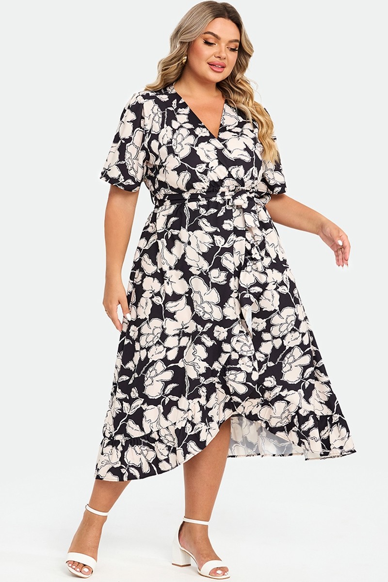 Black & White Floral Print V-Neck Maxi Dress - Meet.Curve - Meet.Curve