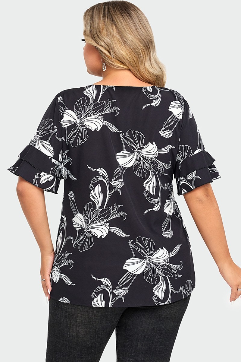 Plus Size Floral Print Round Neck Ruffle Sleeves Top - Meet.Curve ...